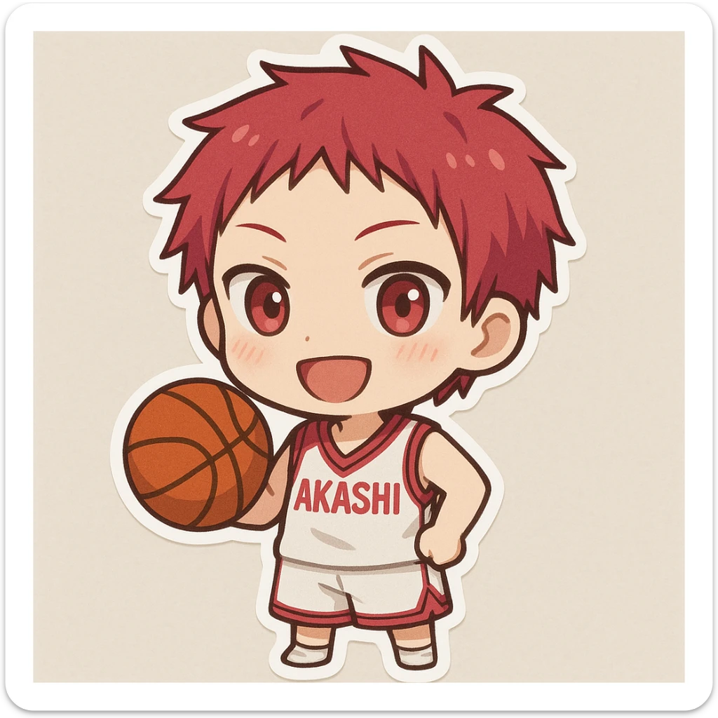 Akashi Seijuurou as a chibi icon, holding a basketball, cheerful, minimal background sticker