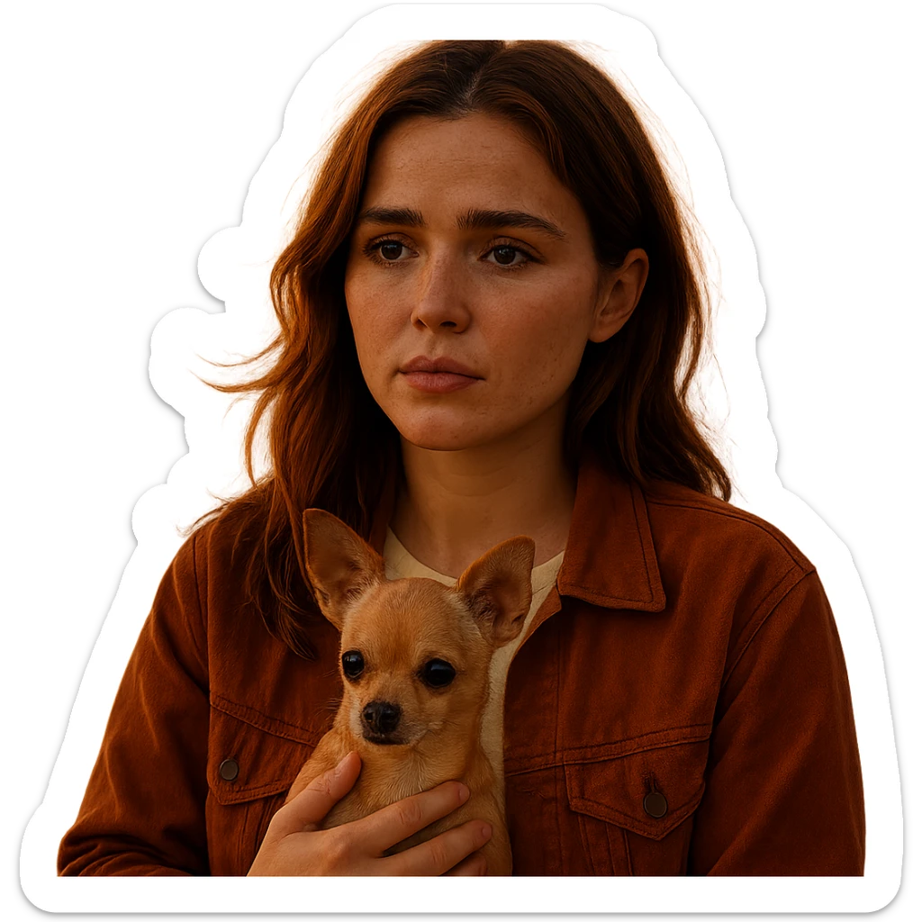 Portrait of a woman inspired by the facial features visible in the reference images, with a tanned complexion and subtle freckles. She wears a shirt in color #FFF8CA and a rust-colored jacket. Her hair is medium-length brown with auburn highlights. She has a pensive and melancholic expression, holding a beige-brown chihuahua. The style is inspired by a Netflix series, with a transparent background. The ambiance is a Tenerife sunset, creating an intimate and sincere universe like an Instagram diary. sticker