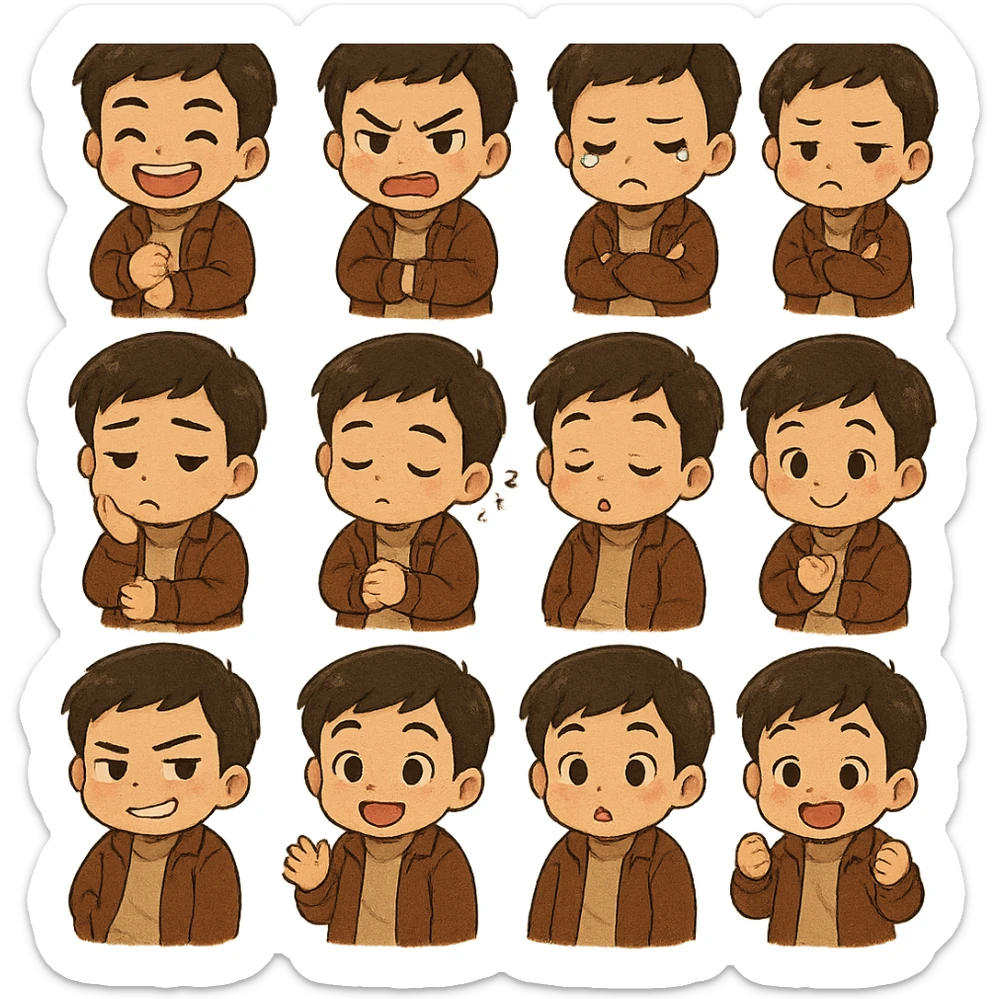 Convert the image into a set of chibi stickers (4x4 grid) outfit similar to this one including expressions of laughing being angry, crying, sulking, thinking, being sleepy, blowing kiss,winking, being suprised sticker