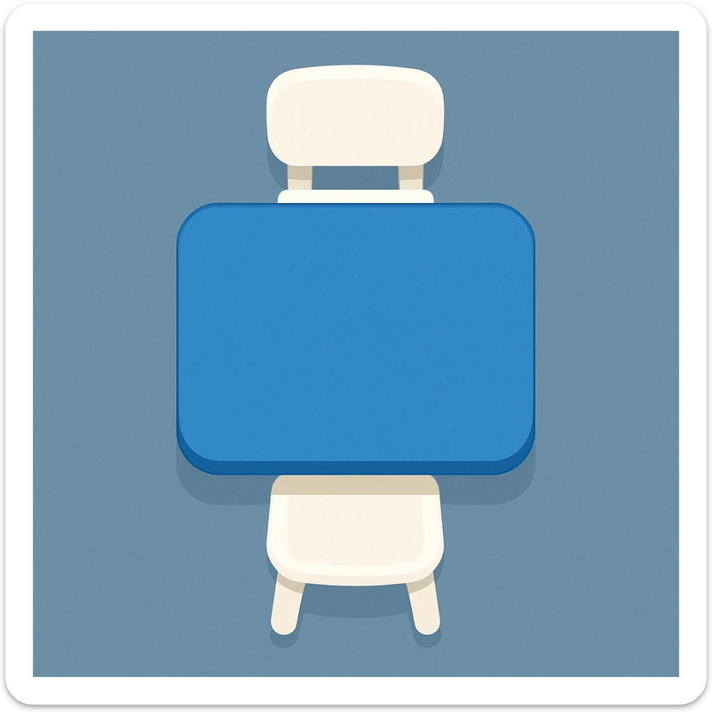 Create a simple and clear top view emoji of a desk and two chairs inspired by the reference image. The desk should be blue and the chairs white, with no extra objects. Maintain a clean and minimal style. sticker