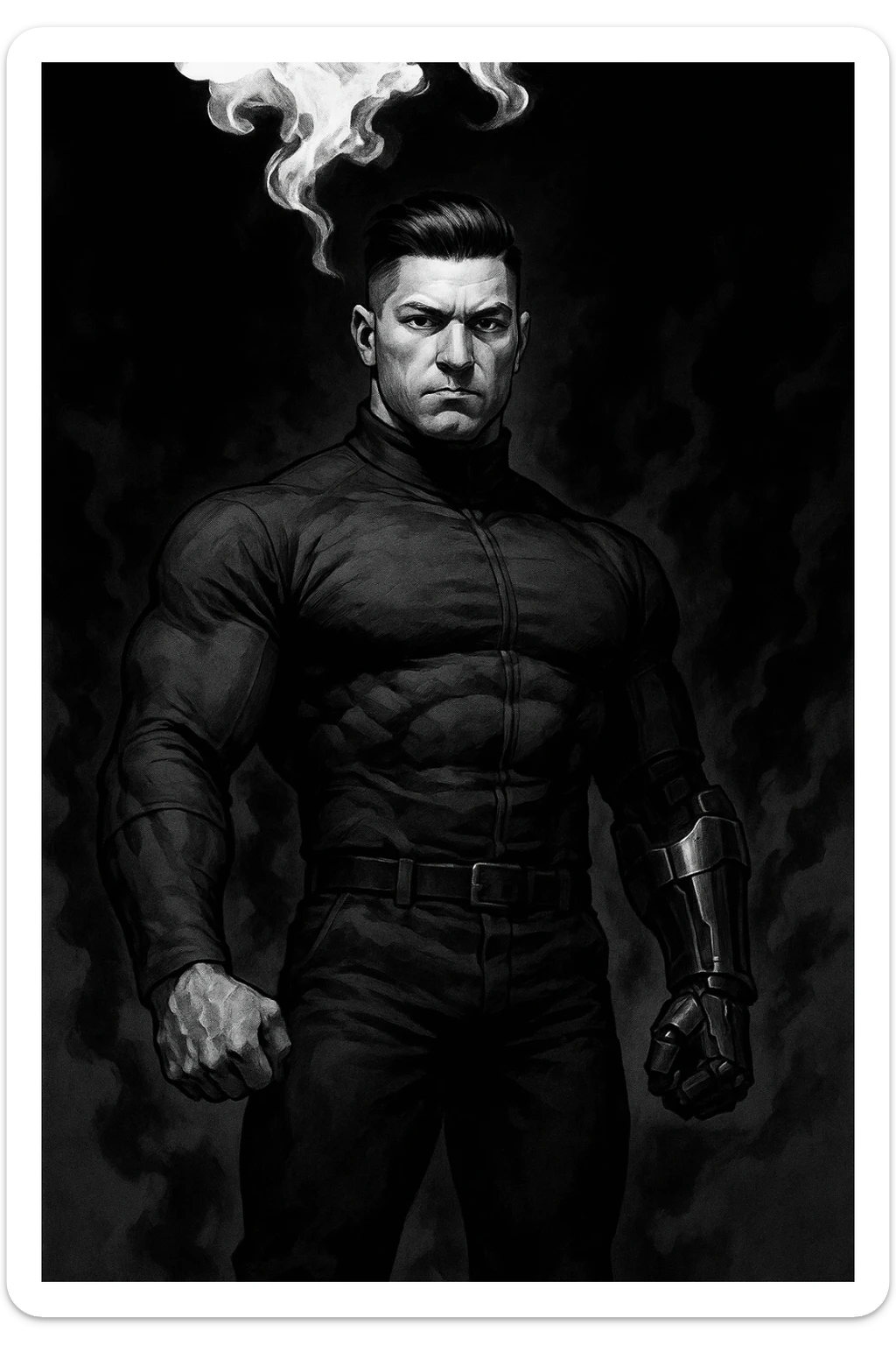 Cinematic Black and white comic book panel of an extremely muscular Italian man with cybernetic implants standing in the dark, surrounded by smoke. He is wearing a long-sleeved shirt with a high collar, and his chest is sculpted. sticker