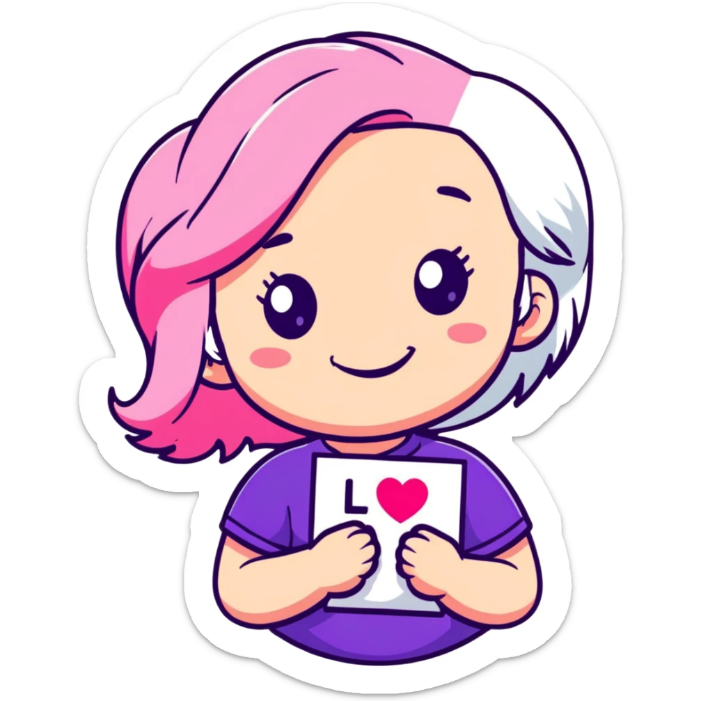 girl with pink and white hair, smiling, holding a heart, sticker style sticker