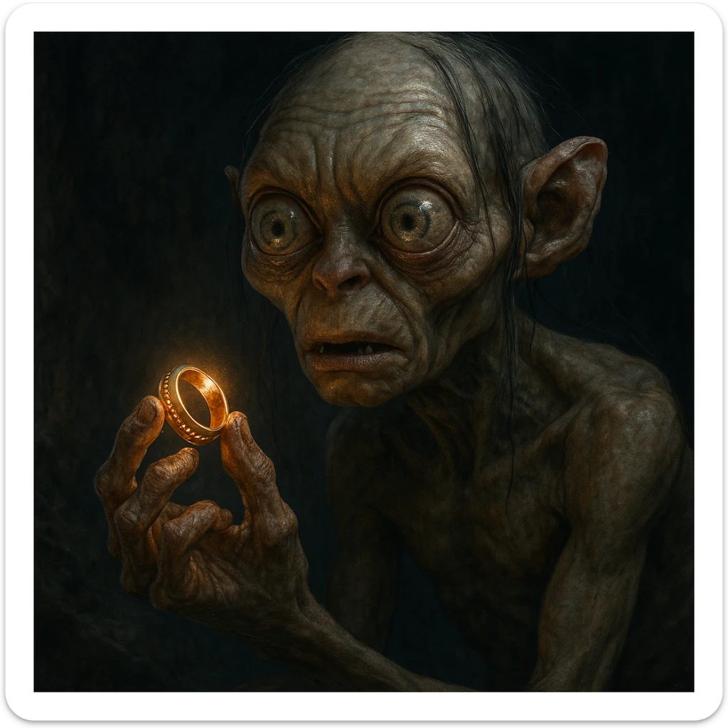 Gollum holding the One Ring, detailed, expressive, fantasy style sticker