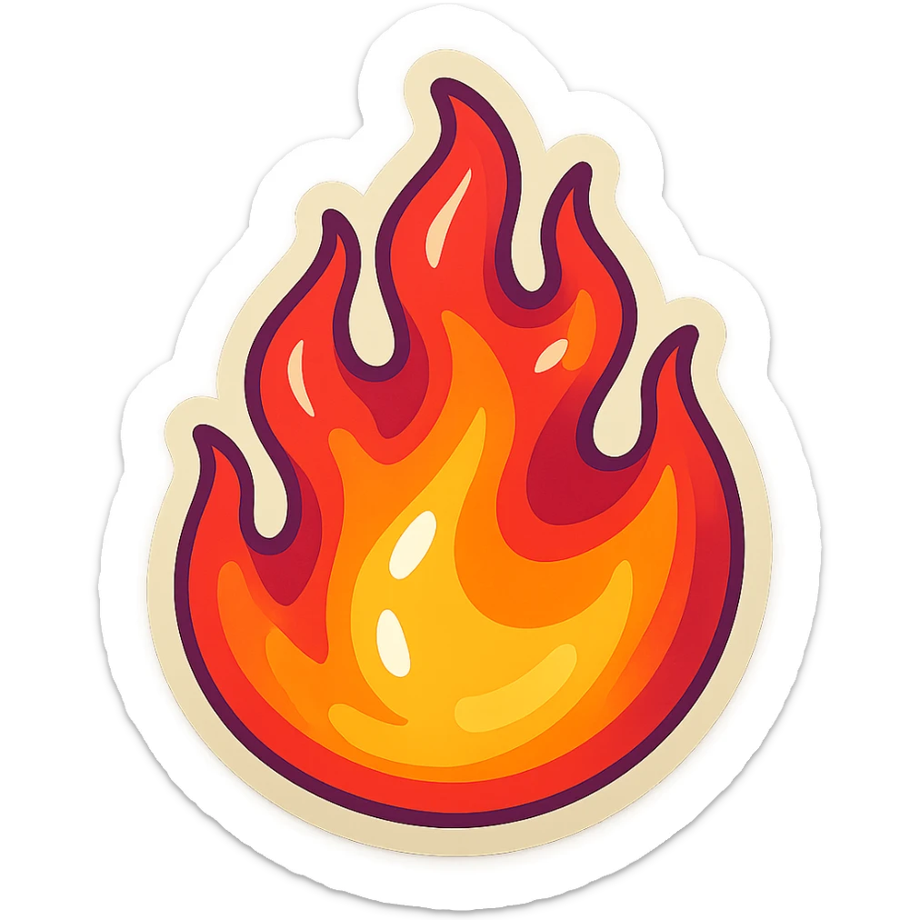 retro sticker style illustration of a juicy, bright, playful flame with bold outlines, expressive shadows, glossy highlights, several flame tongues, volumetric and energetic fire sticker