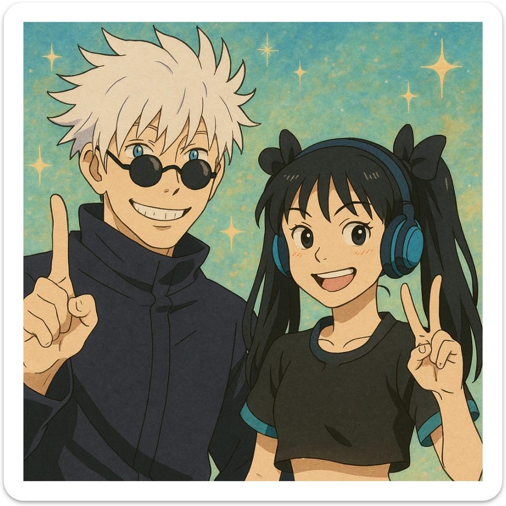 Gojo Satoru and his female protégé posing together, both flashing peace signs and mischievous smiles, Gojo with icy-blue eyes and round black shades, protégé with long black hair in twin bows, cropped black top with cyan accents, blue headphones, energetic sparkly background, in ghibli style sticker