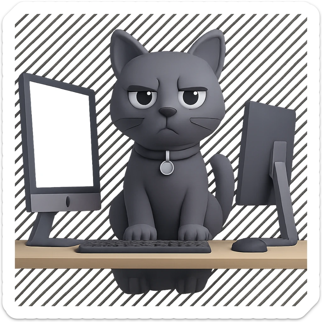 Change the cat to a gray cat, keep the IT theme, sitting at a desk with monitors, professional tech look, no background (transparent). sticker
