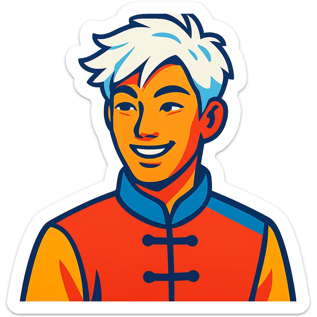 white haired handsome Chinese man in vibrant toon style, colorful and lively sticker