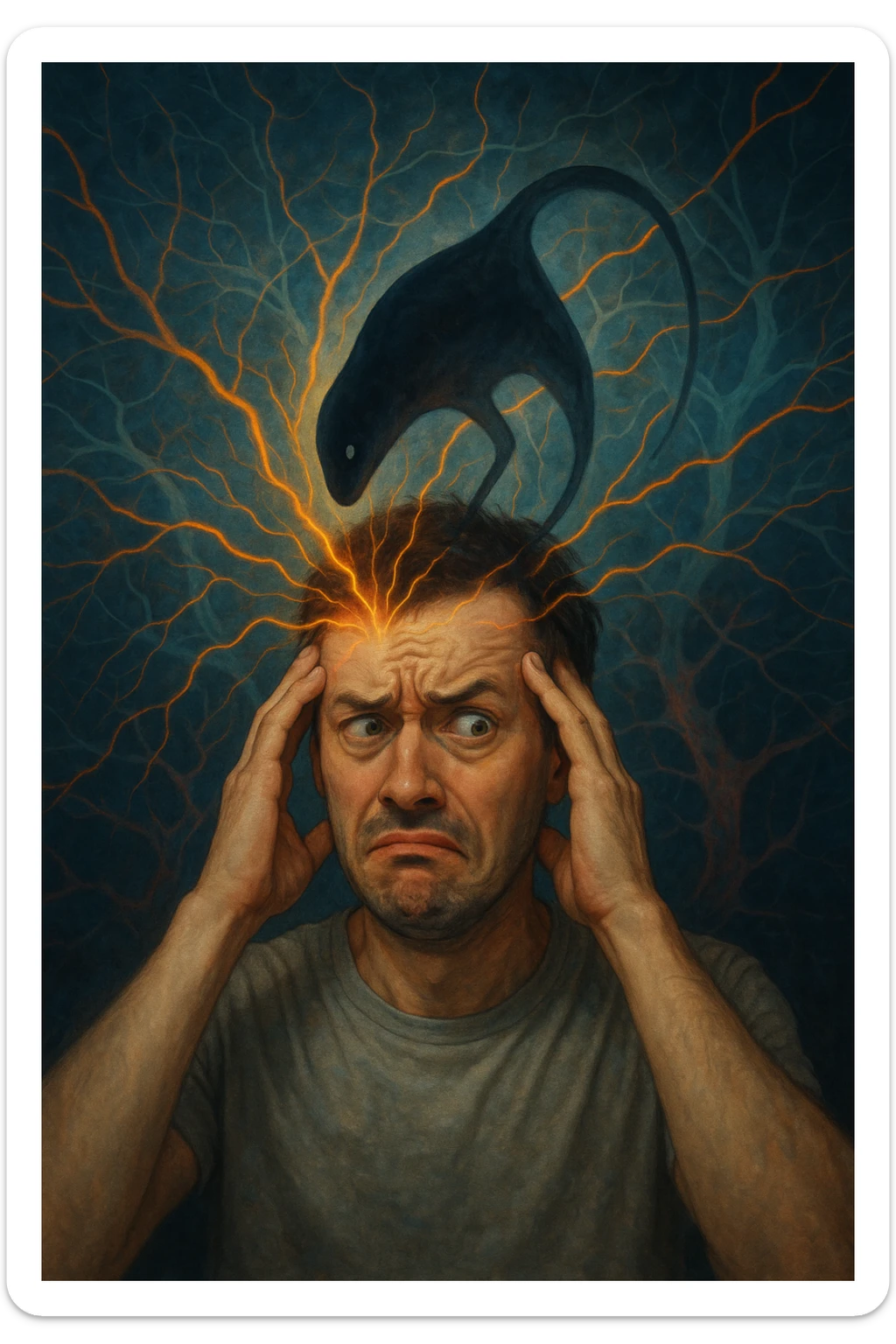 Uomo con espressione confusa e sbalzi emotivi visibili sul volto, in un ambiente surreale. Un'ombra astratta o un parassita trasparente (Toxoplasma gondii) si insinua nel cervello, con linee energetiche che influenzano le emozioni. Sfondo neurologico, atmosfera tesa, simbolismo mentale e parassitario. sticker