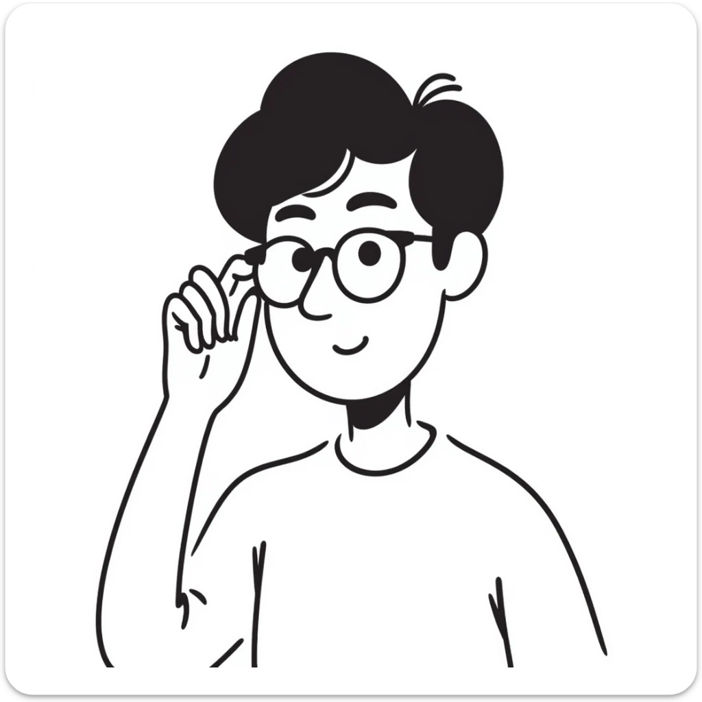 young handsome Asian man with black coffee colored hair, wearing white T-shirt, black framed glasses, holding glasses, very smart, hand drawn doodle style sticker