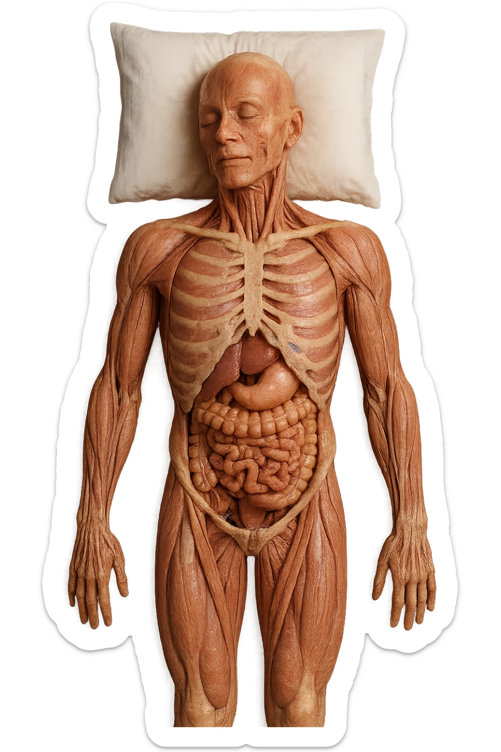 corpo umano anatomico CON TESTA SUL CUSCINO PERCHé STA DORMENDO, VISTO DALL'ALTO, iperrealistico 4k sticker