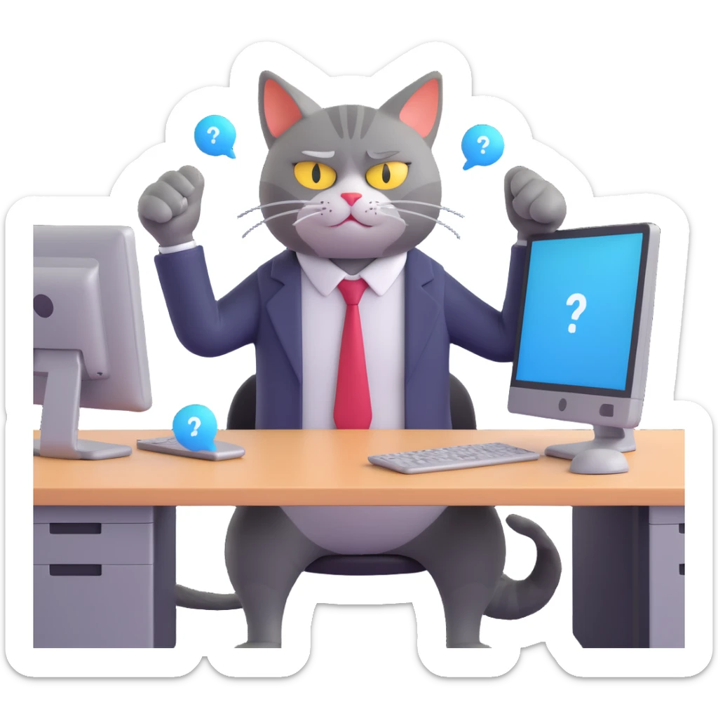 pissed off cat in business clothes arms crossed tail twitching angrily sitting at cubicle glaring at computer screen with chat bubbles of silly questions looking completely done with day sticker