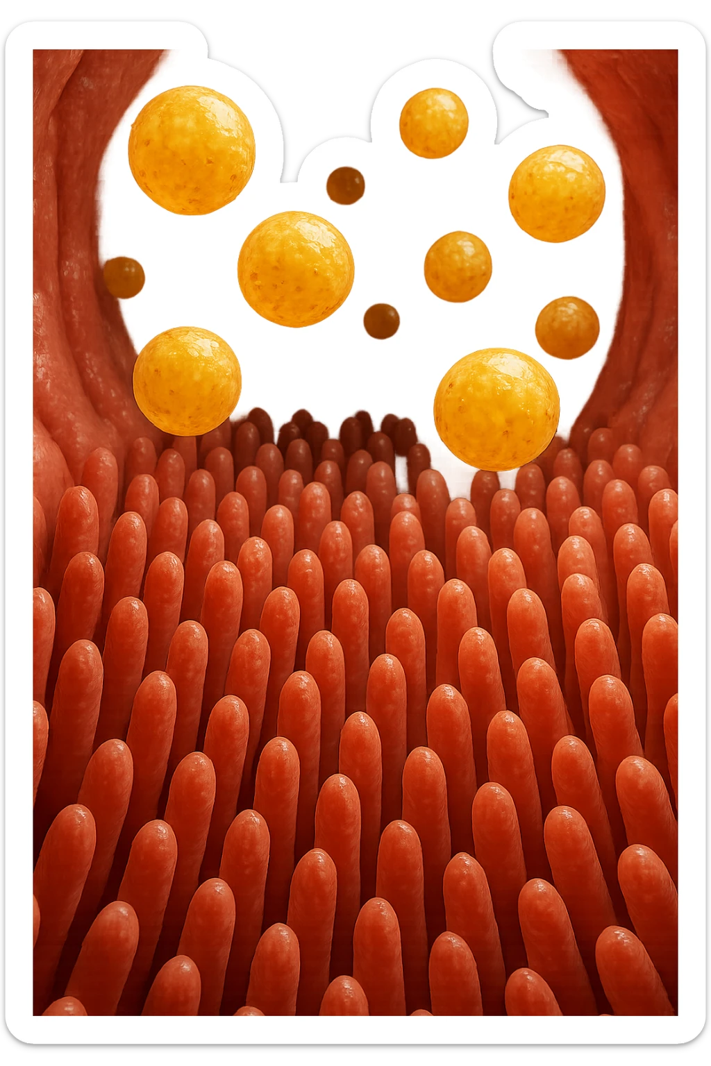 VILLI INTESTINALI CON CELLULE DI GRASSO CHE CI FLUTTUANO SOPRA, INTERNO REALISTICO DI UN INTESTINO, IPERREALISTICO 4K sticker