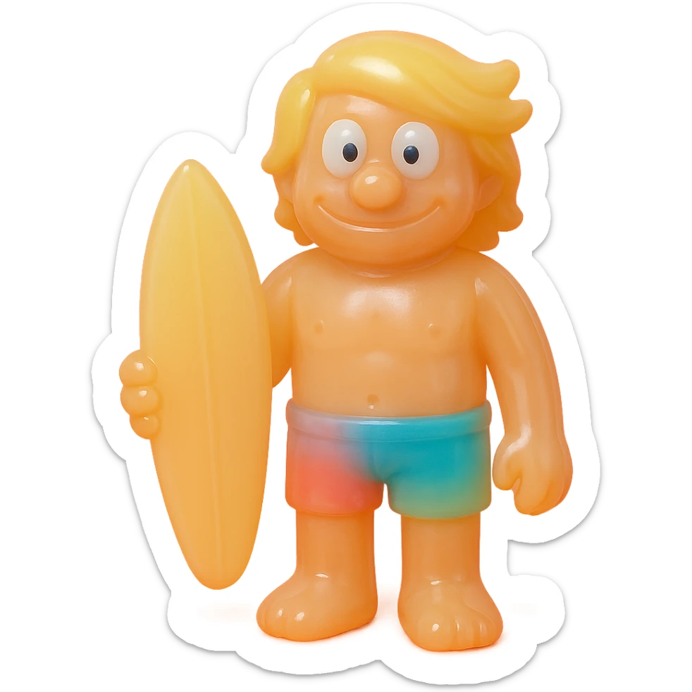 full-body surfer bro, retro 90's toy style, very transparent and slightly see-through, natural tan skin, blonde hair, colorful shorts, derpy eyes, soft plastic texture, soft reflections, soft and squishy, some cloudiness, not shiny, highly detailed, appealing, no tag, no background, match style and proportions of provided pirate reference sticker
