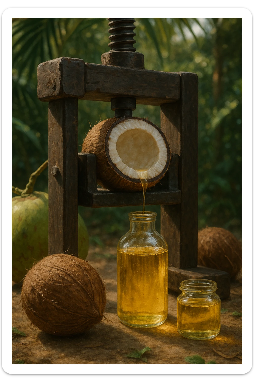 realistic and cinematic vertical 2:3 illustration showing the process of coconut oil extraction for organic product. Depict fresh coconuts, manual or mechanical pressing phase, and pure oil being collected. Natural atmosphere, realistic details, no text. sticker