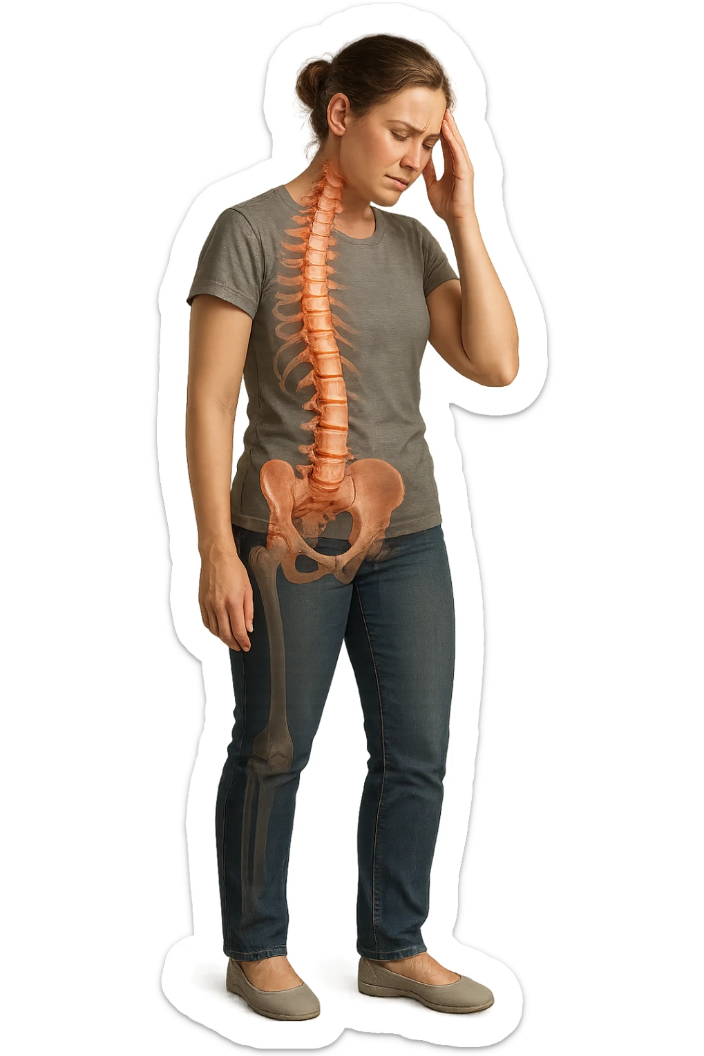 donna stanca a figura intera che si tiene una mano sulla tempia con spina dorsale anatomica visibile, iperrealistico 4k sticker