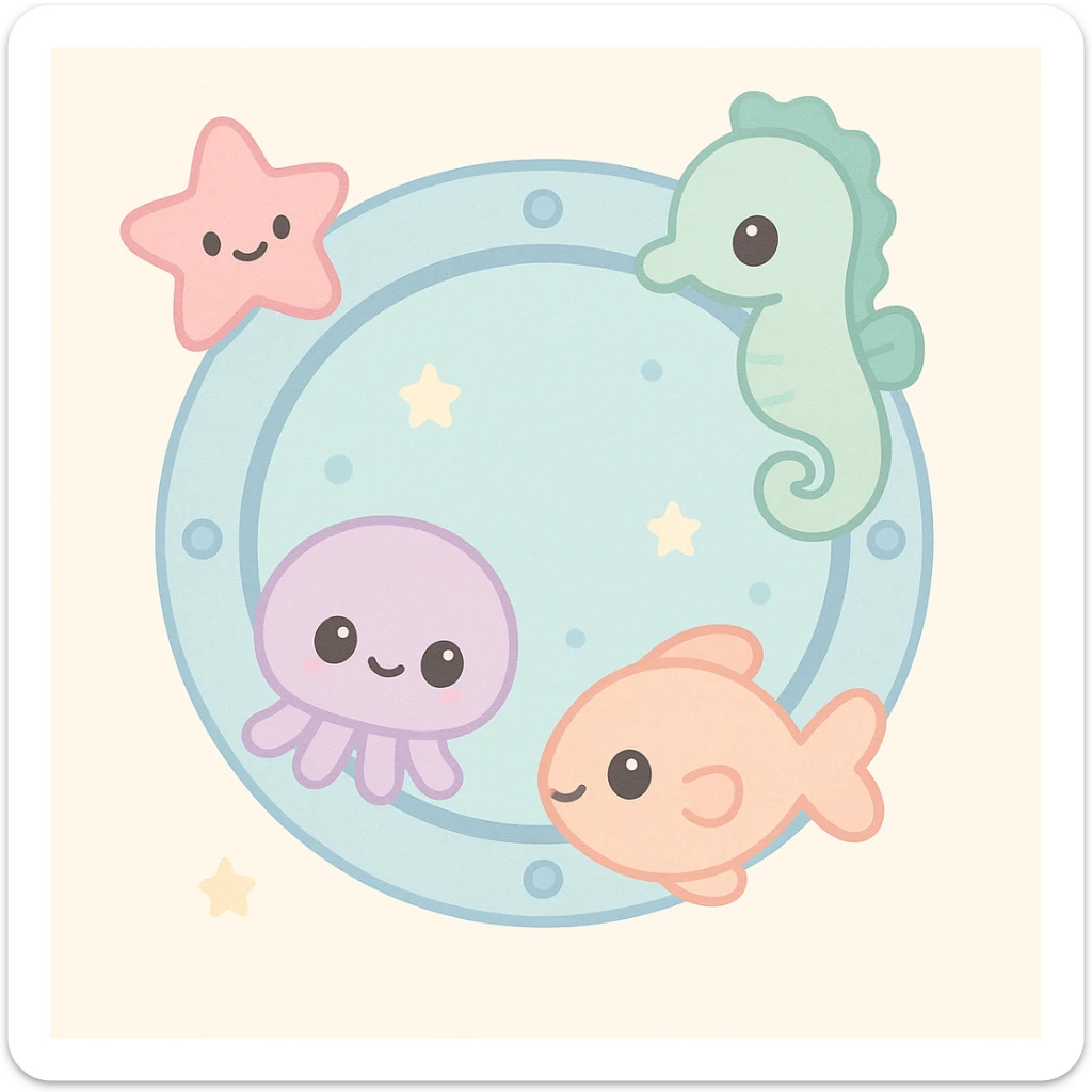 whimsical porthole with sea creatures peeking in, playful and colorful sticker