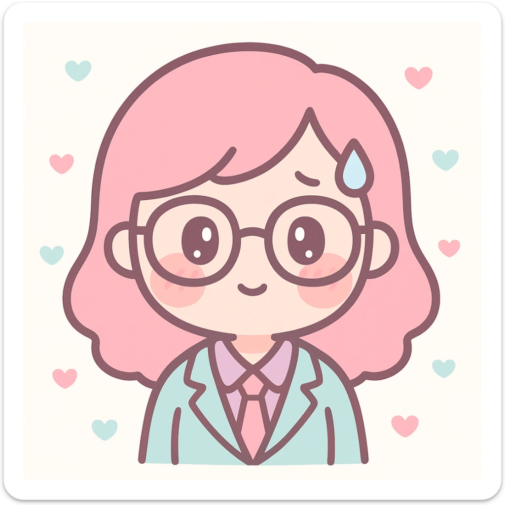 a hot office woman with glasses, a sweat drop coming down from her head, and an ashamed facial expression, kawaii cute style sticker