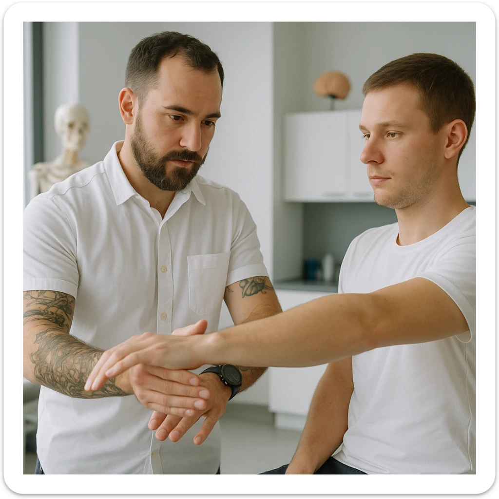 realistic kinesiologist wearing a white shirt with tattoos on arms and a dark wristwatch, guiding a patient wearing a white t-shirt during a muscle test in a modern medical environment, realistic details, inspired by reference photo https://attic.sh/r66tucayi7ewfjges2vhulor9bux sticker