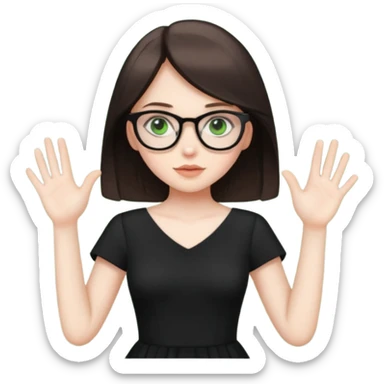 a cute white brunette girl with green eyes in a black dress wearing glasses  with two hands  sticker