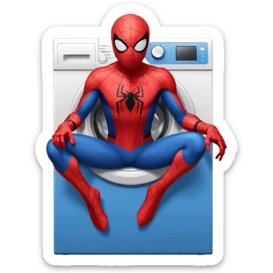 Die-cut sticker of Spider-Man sitting on a washing machine, bold vector art, thick white border, isolated on white background.with 4k resolution sticker