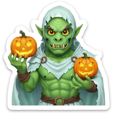 male orc warrior ghost emoji, green skin, tusks, wearing torn white ghost sheet costume, holding glowing jack-o'-lantern, faint blue aura, friendly but spooky expression, Halloween fantasy theme, Apple emoji style, clean white background, square sticker