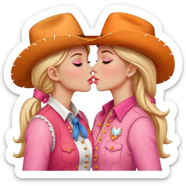 Women, cowgirl, kissing another cowgirl in orange and white and pink sticker