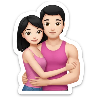 a pretty bratz fair girl. black hair, wearing a pink cami top hugging a handsome fair guy with black hair. lean but muscular who is wearing a black tshirt sticker