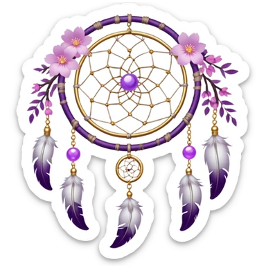 A silvery-white Dreamcatcher. with purple-round-orbs, gold-rings hanging down. purple flowers, pink sakura flowers, sticker