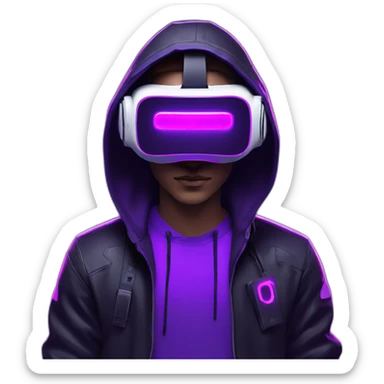 Cyberpunk style. Violet neon. man with white skin in the black hoody with violet OMG VR logo on it wearing vr headset oculus quest 2 sticker