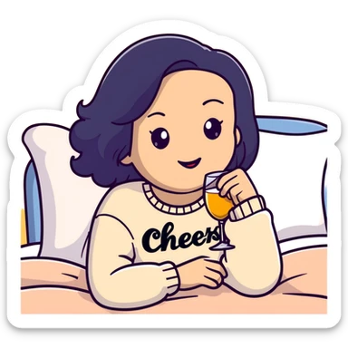 A woman with shoulder-length black hair, light to medium skin tone, full cheeks, and almond-shaped eyes, wearing a white sweater with the word 'cheers' in gold script, lying comfortably on a bed with soft lighting, joyful and radiant expression sticker