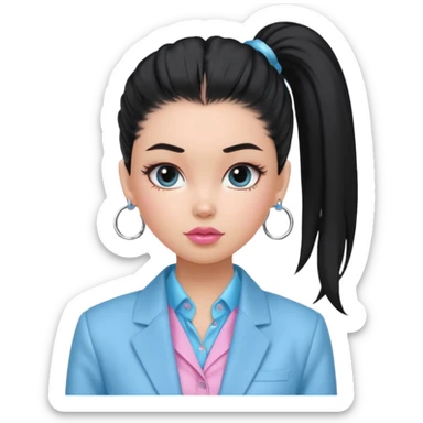 generate a pretty bratz girl wearing a light blue full sleeve shirt, silver small hoops, pink lipgloss, black blazer, hair tied up in a ponytail (black hair) sticker