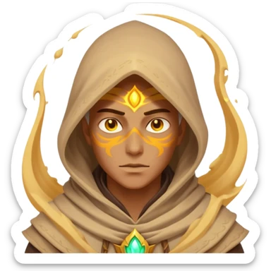 desert sand mage portrait, head and shoulders only, mystical hood, swirling sand aura, glowing eyes, fantasy vibe, 3D cartoon, mobile game icon style, clean background, no text, no watermark
 sticker