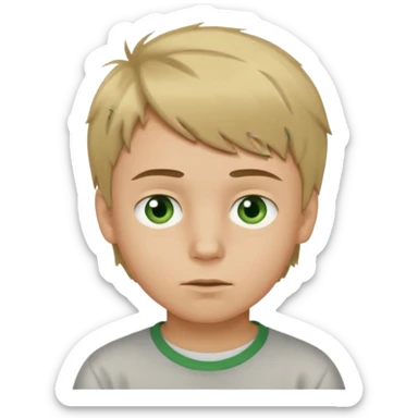 A young light-skinned boy with messy short-length brown-blond hair and greenish eyes. With his eyebrows raised and a straight face. sticker
