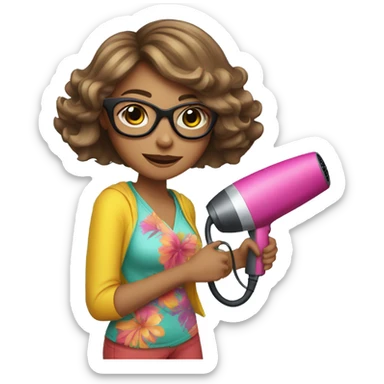 girl white with short shoulder-length hair and glasses holding a hairdryer in one hand and scissors in the other, wearing a colorful outfit sticker