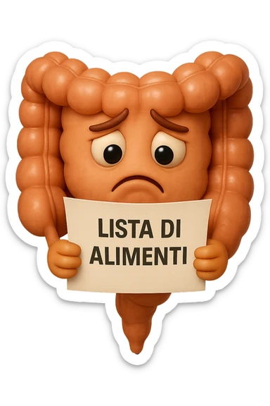 EMOJI STILE IPHONE DI UN INTESTINO CHE LEGGE UN FOGLIO CON LA SCRITTA "lista di alimenti" ed espressione triste in volto, IPERREALISTICO 4K sticker