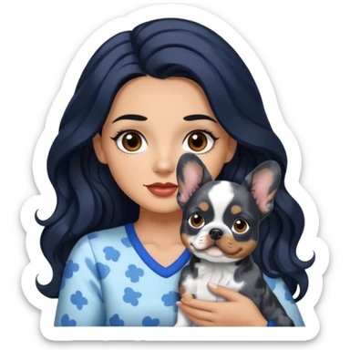 woman with olive skin, brown eyes and long lashes, and long black wavy hair with blue Merle frenchie sticker
