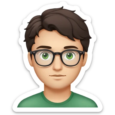 young man with dark slightly curled hair wearing glasses with green eyes and very light stubble, minimal facial hair sticker