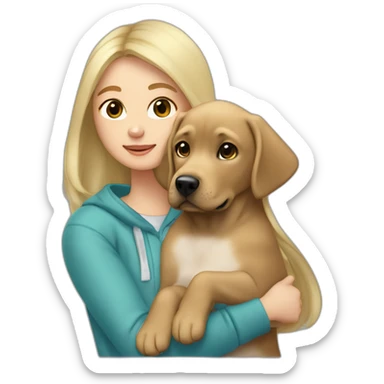 A blonde girl with smooth hair and a ray in the middle of his hair, she has light skin a few freckles, and she wear a hoodies and she Carries in his arms a baby black labrador dog  sticker
