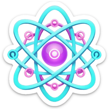futuristic minimalistic logo icon, glowing atom core with orbiting energy rings, neon purple (#8B5CF6) and cyan (#00E0FF) glow, representing Atom team creativity and innovation, dark background, clean tech design, no face, 1:1 aspect ratio sticker