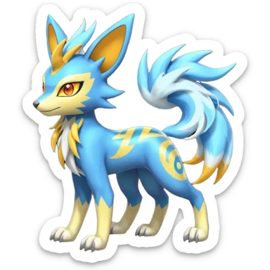 Feral Lightning-patterned Zig-zagged buzzy fuzzy Meloetta-Renamon-Zeraora-Luxray-Cobalion-Suicune-Vernid-fusion-hybrid-creature, full body  sticker