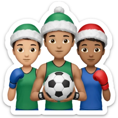 crie a imagem de 3 atletas de modalidades diferentes, usando elementos esportivos, como por exemplo bola de futebol, luvas de luta e bola de vôlei... e usando um chápeu de papai noel das cores verde e azul. sticker