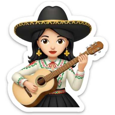Mujer blanca con cabello negro teniendo un sombrero de mariachi sosteniendo una guitarra sticker