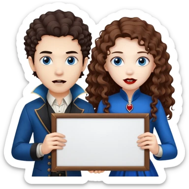 Asian boy and white girl with long brown curly hair and blue eyes Vampires holding a large blank sign sticker
