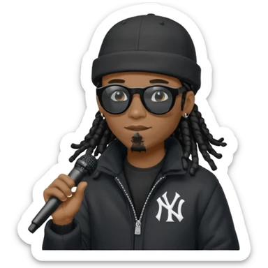 African American man with shoulder length black dreadlocks wearing black sunglasses with black bubble winter coat wearing black New York Yankees baseball hat rapping into a microphone sticker