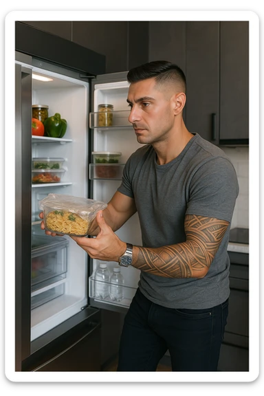 Uomo che mette nel frigo il suo pasto cucinato sticker