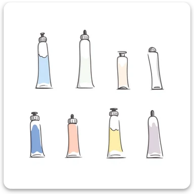 Set of artist's paint tubes with different sizes and caps. Some tubes are squeezed in the middle. Using specific pastel colors (dd9fb0, ffc6d3, a3bfc9, c4bee2, f1b091). Hand-drawn doodle style with intricate details. Transparent background. sticker