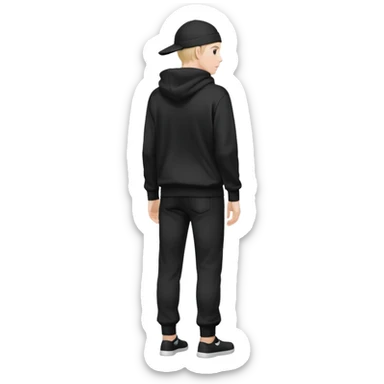 fullbody Mysterious shy caucasian man in black hoodie on head, hands in pockets and black pants rear backview sticker
