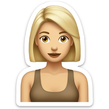 Mujer con cabello rubio, lacio, bajo el hombro, con flequillo de lado, frente amplia y aros de argolla, ojos café. Polera color beige con cuello tortuga sticker