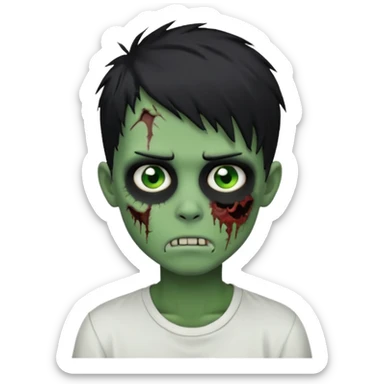 zombie boy with messy black emo hair, green skin, white shirt, classic emoji style sticker