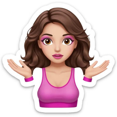 girl with long wavy brown hair, brown eyes, long lashes makeup, sexy pink lips, light to medium complexion, pink sexy top, two hand up shrugging sticker